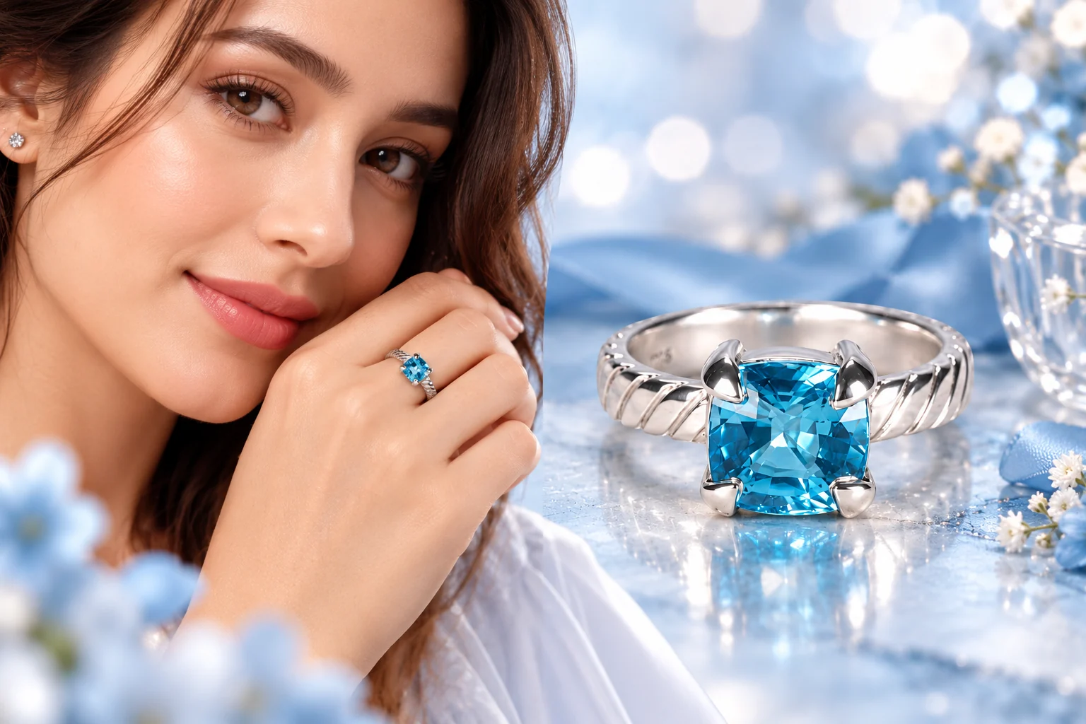 Woman wearing blue gemstone jewellery beside a blue gemstone silver ring